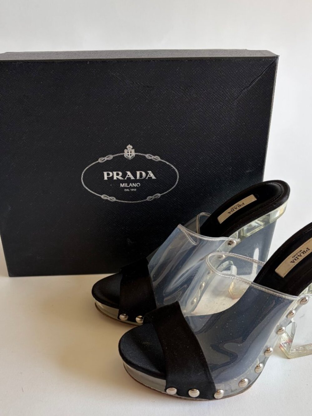 VINTAGE PRADA 2010 RUNWAY CLEAR STUDDED HEELS - Picture 2 of 12